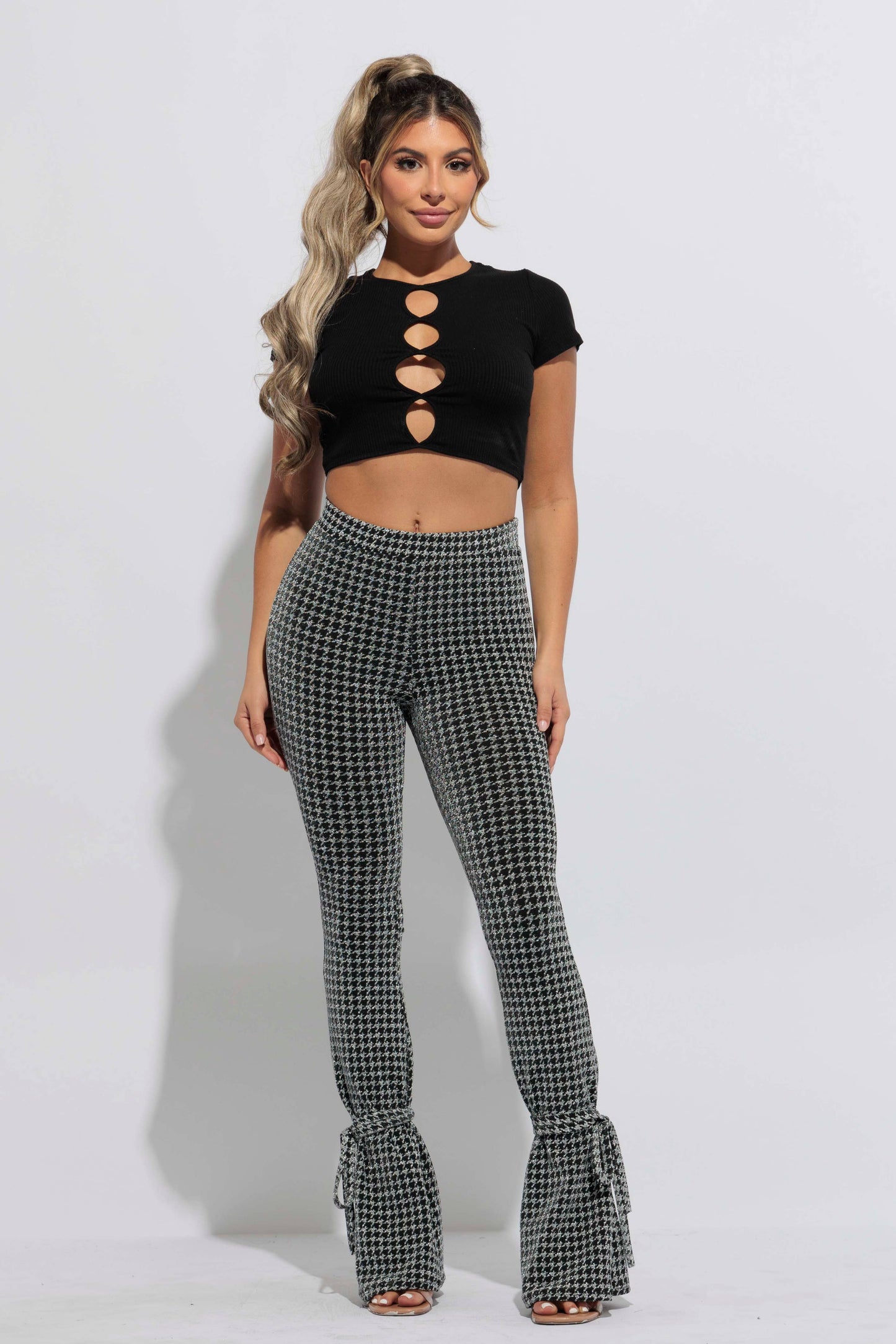 Houndstooth Print Split Hem Pants
