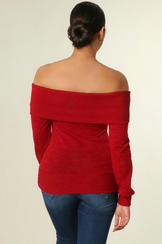 Kellie Red Fold Off Shoulder Knit Top