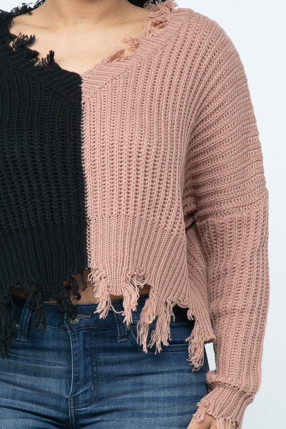 Half And Half Color Block Knit Distressed Sweater