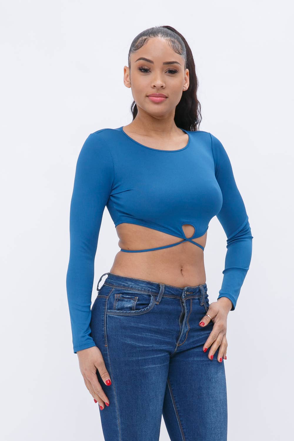 Rib Back Tie Long Sleeve Crop Top