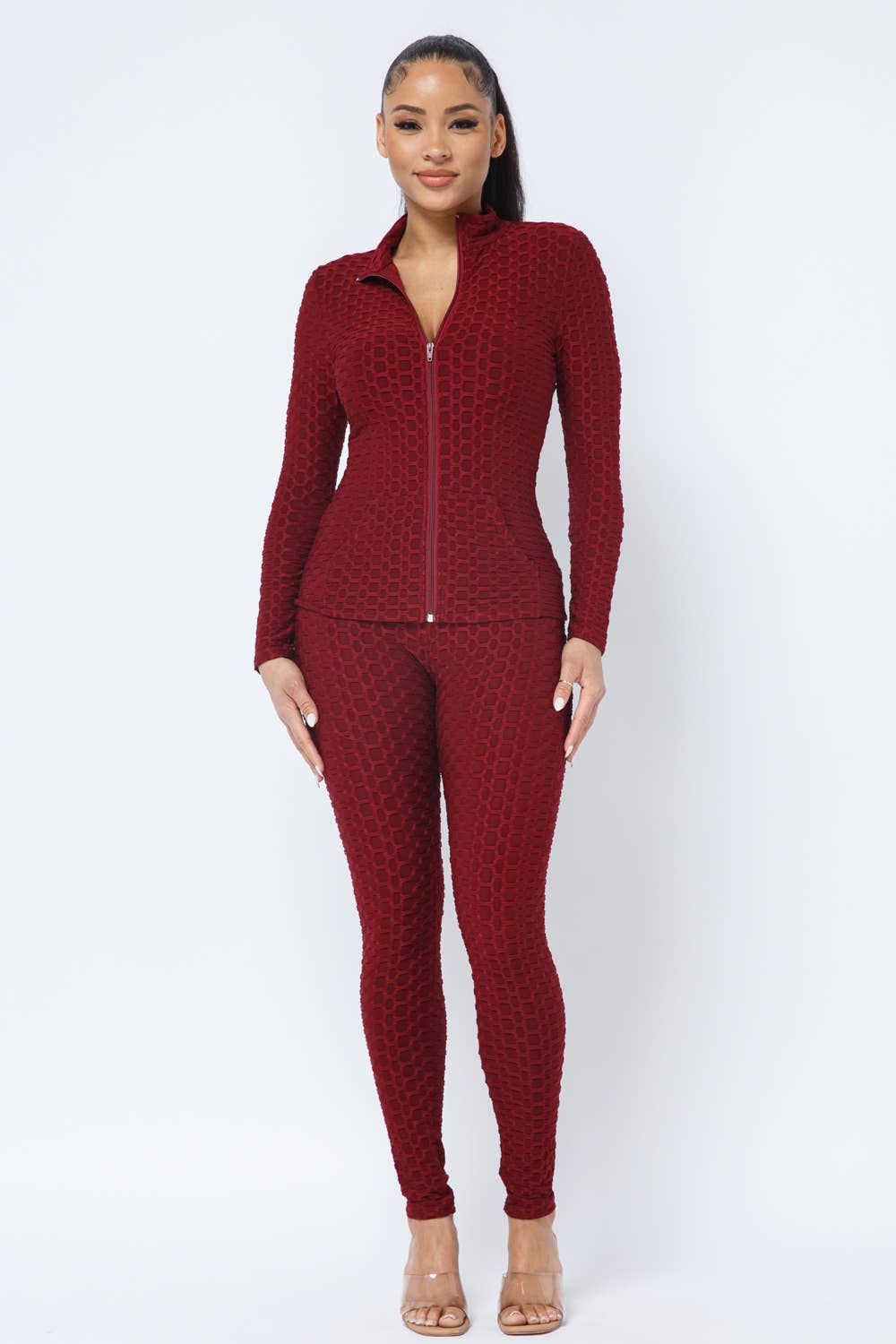 Conjunto de chaqueta y leggings con bolsillos laterales con cremallera en forma de panal