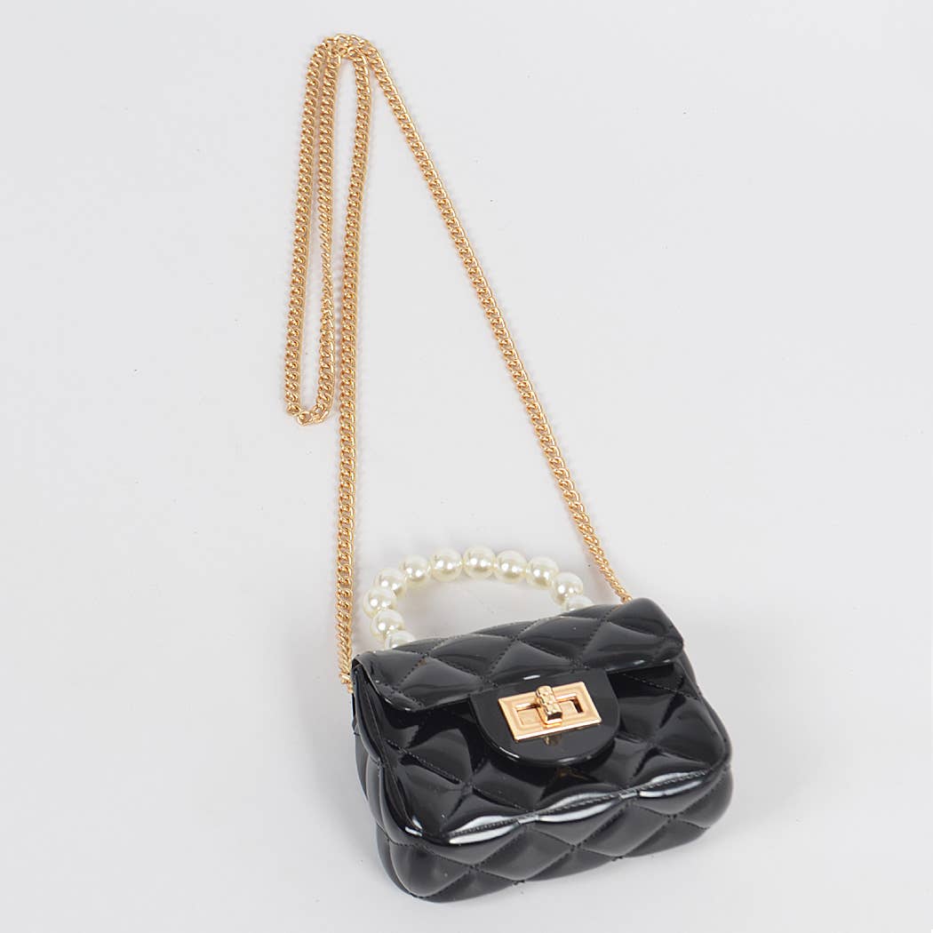Black Jelly Shiny Mini Bag with Pearl Handle