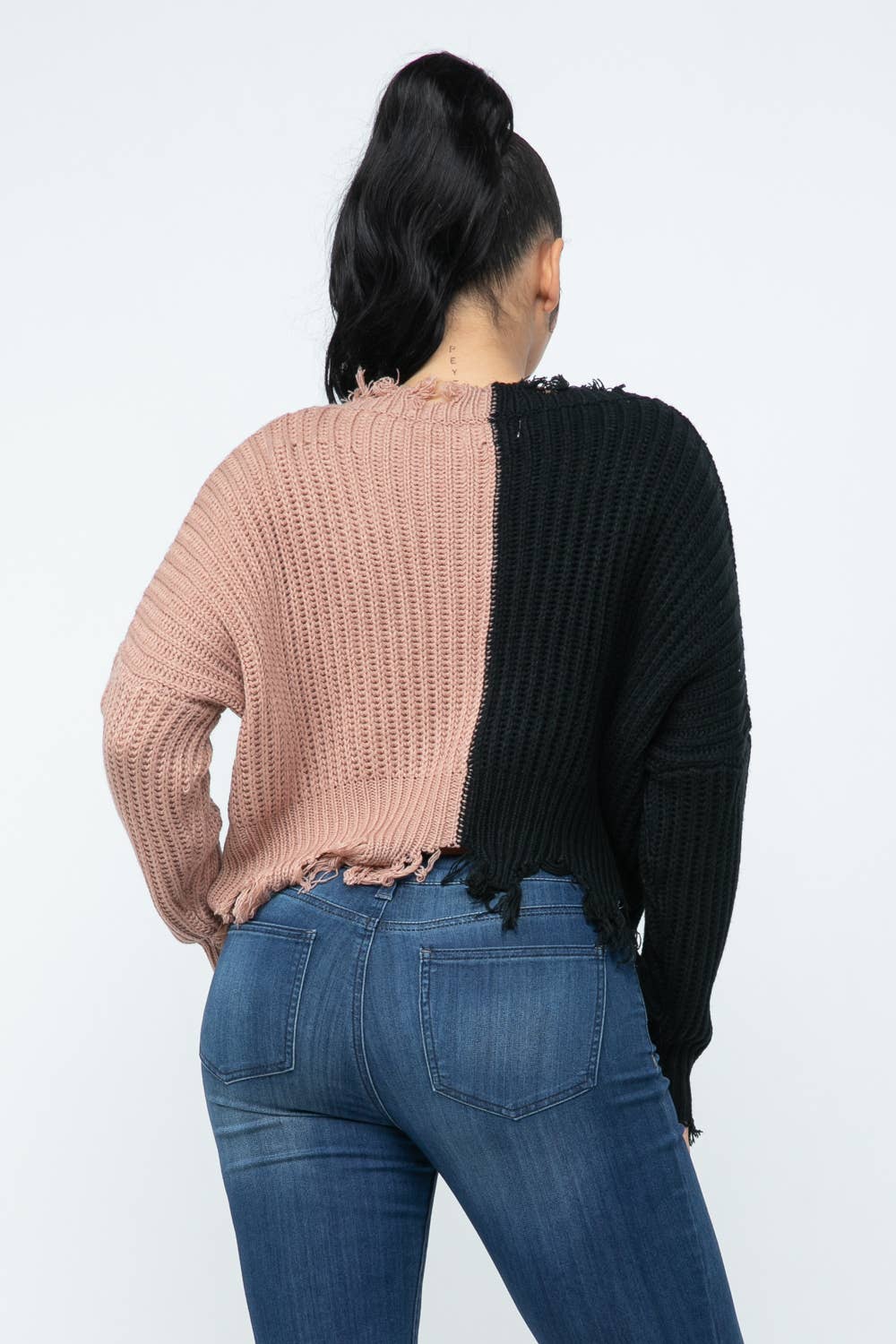 Half And Half Color Block Knit Distressed Sweater