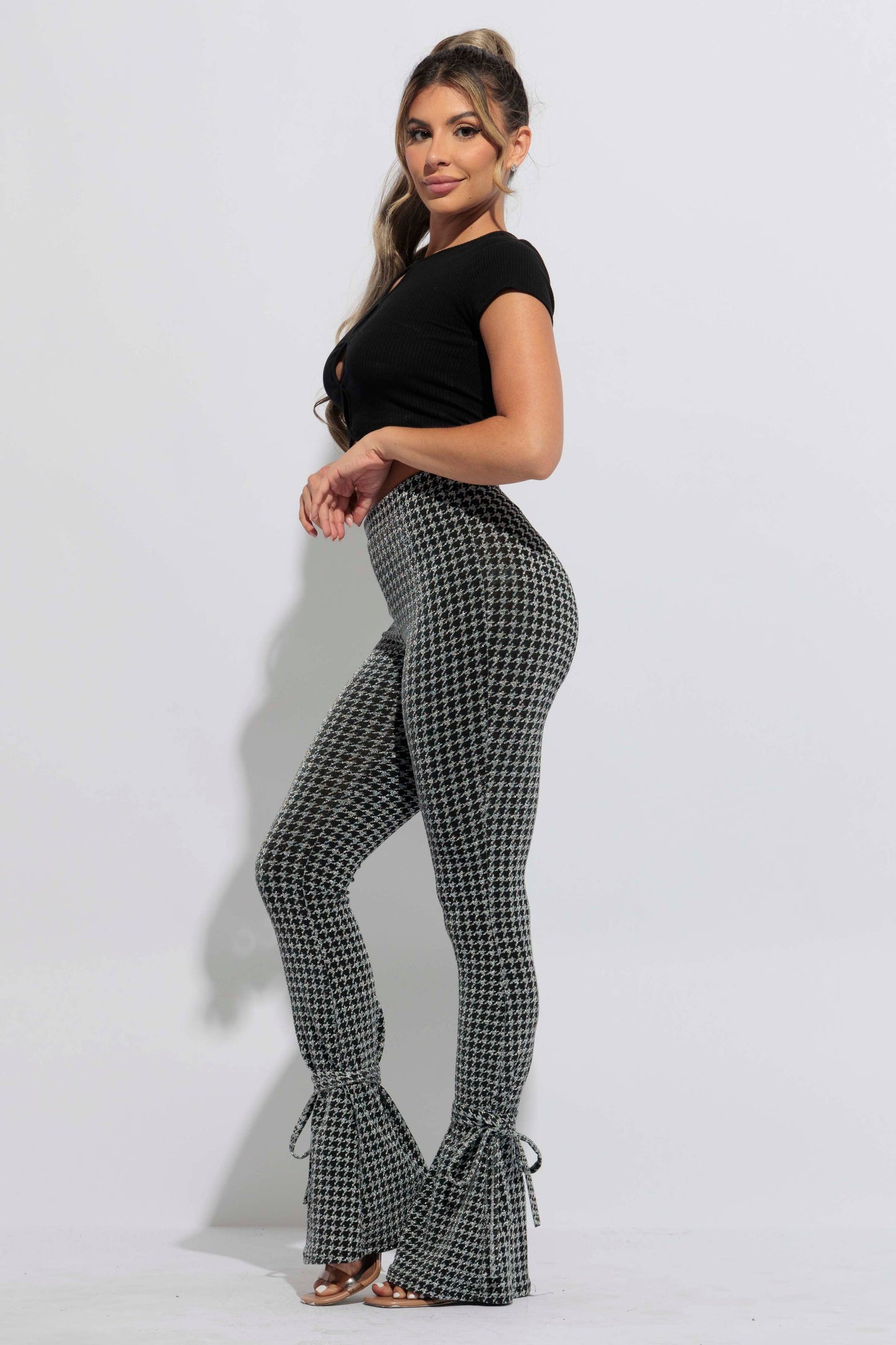 Houndstooth Print Split Hem Pants
