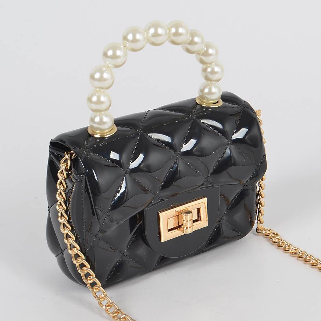 Black Jelly Shiny Mini Bag with Pearl Handle