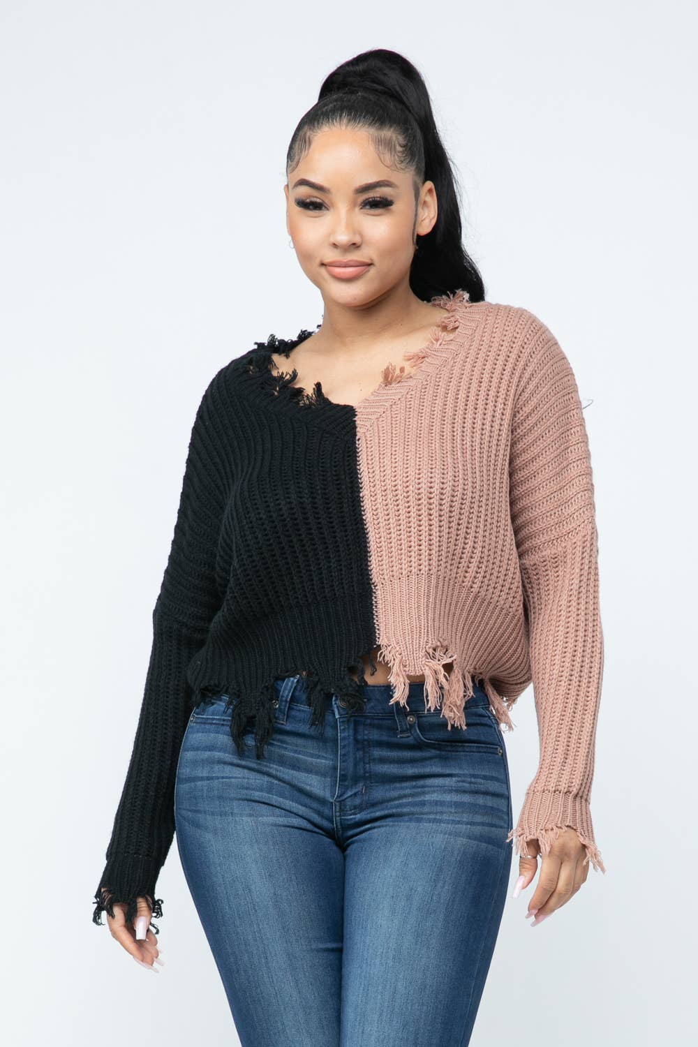 Half And Half Color Block Knit Distressed Sweater