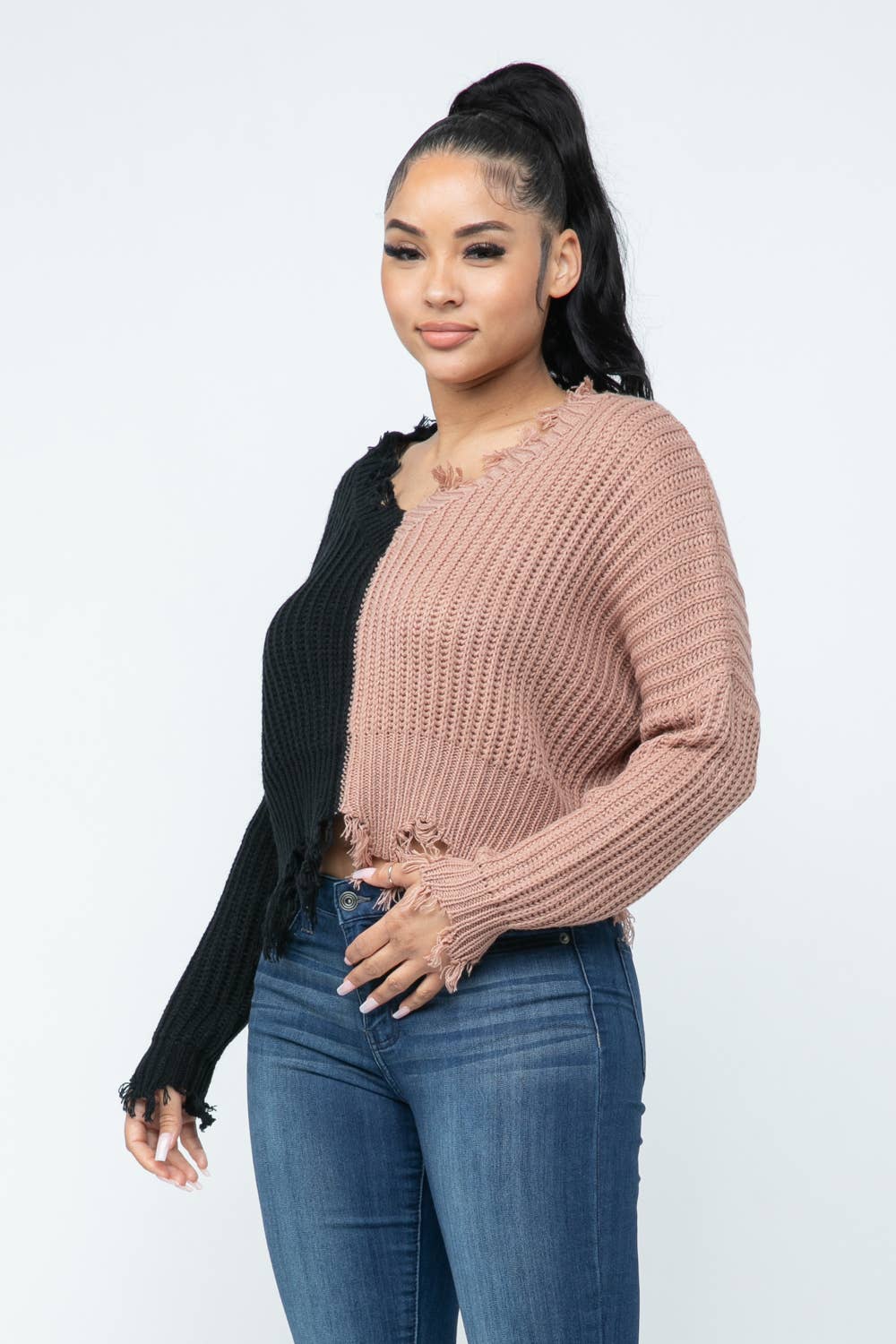 Half And Half Color Block Knit Distressed Sweater