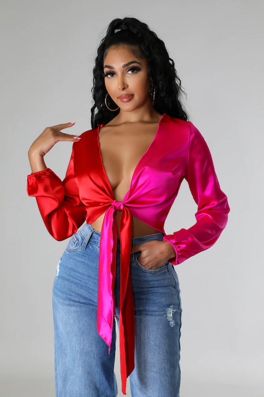 Satin Color Block Tie Detail Crop Top