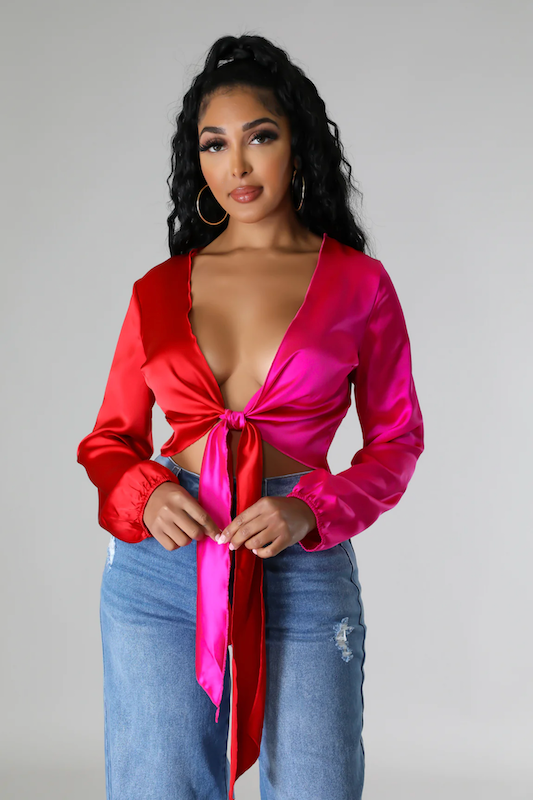 Satin Color Block Tie Detail Crop Top