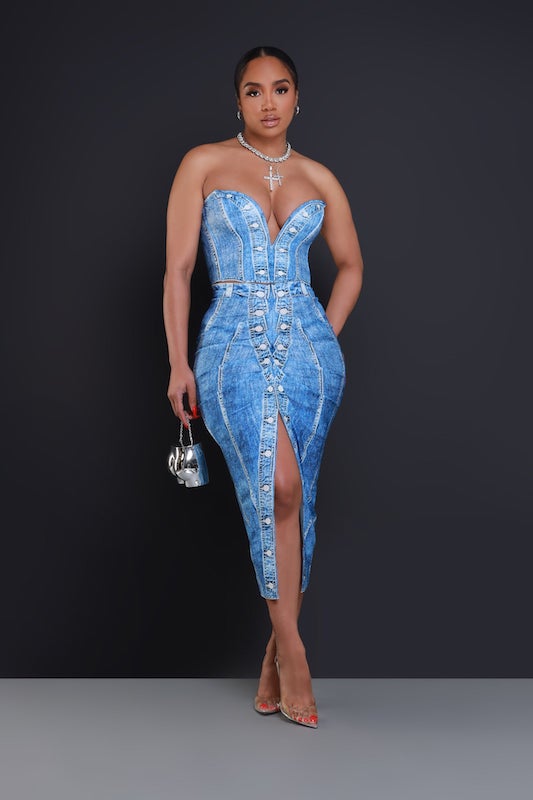 Denim Print Midi Skirt Set