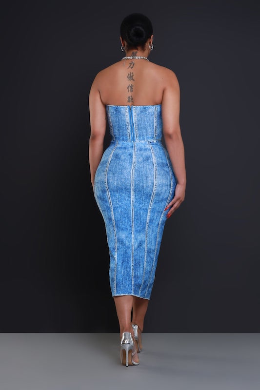 Denim Print Midi Skirt Set
