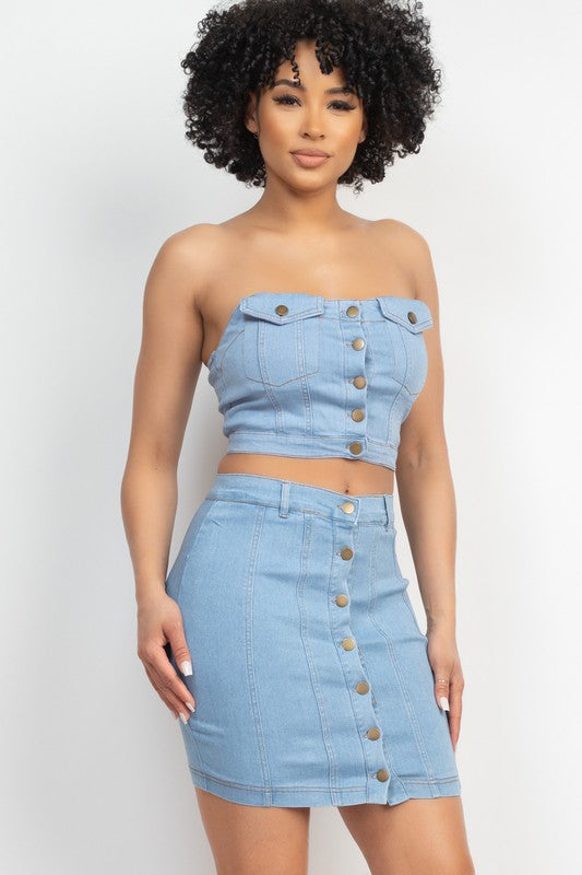 Button-Front Tube Top & Mini Skirts Set