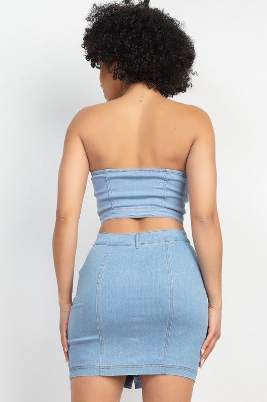 Button-Front Tube Top & Mini Skirts Set