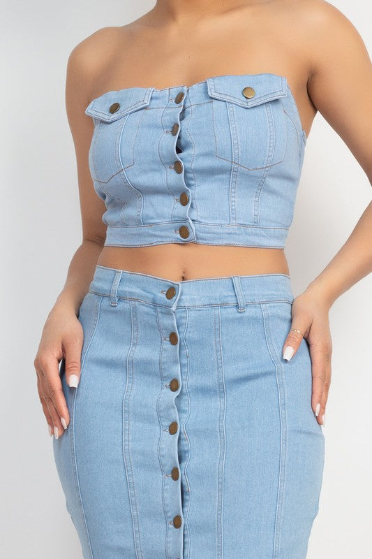 Button-Front Tube Top & Mini Skirts Set