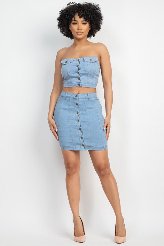 Button-Front Tube Top & Mini Skirts Set