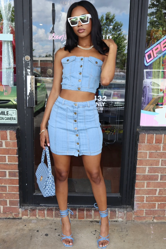 Button-Front Tube Top & Mini Skirts Set