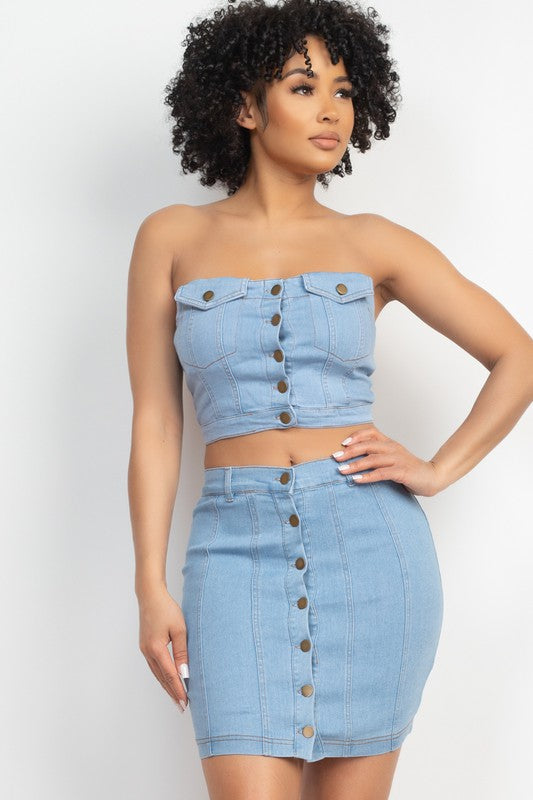 Button-Front Tube Top & Mini Skirts Set