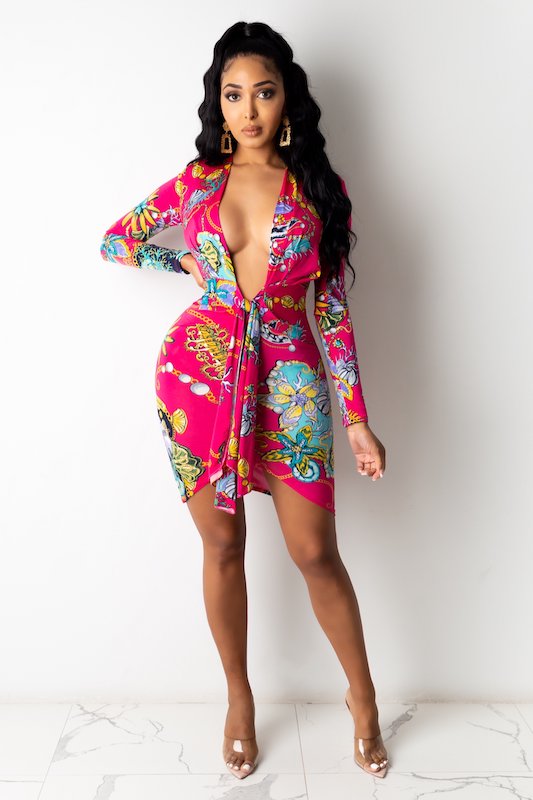Seaside Printed Plunge Neck Dress