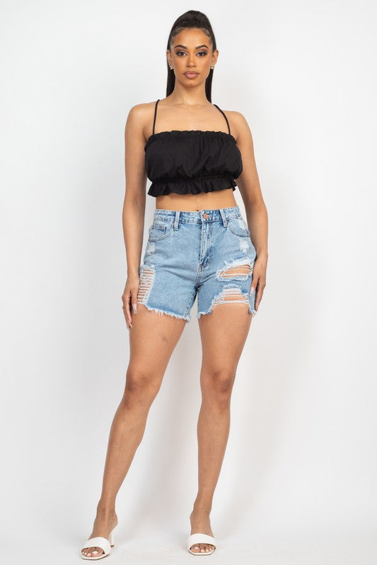 Ripped Five-Pocket Mini Denim Shorts