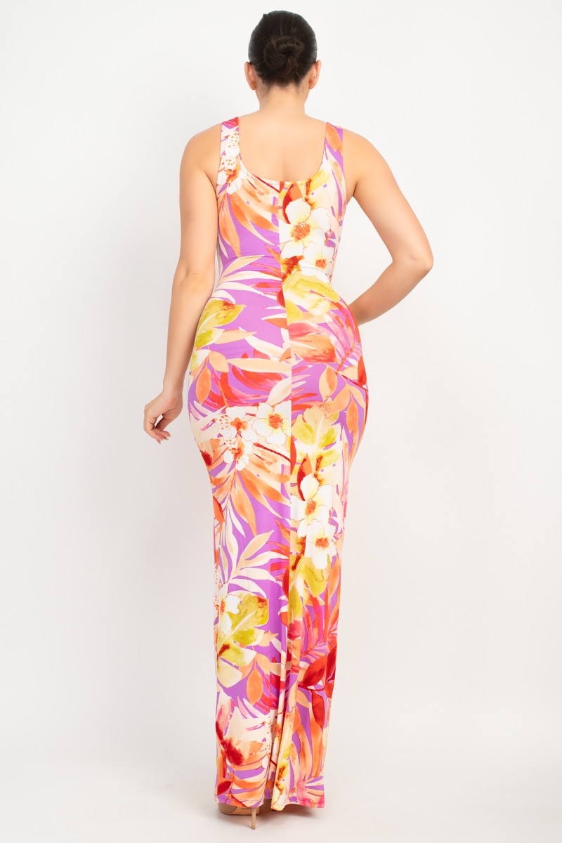 Vestido largo tropical con cuello cuadrado