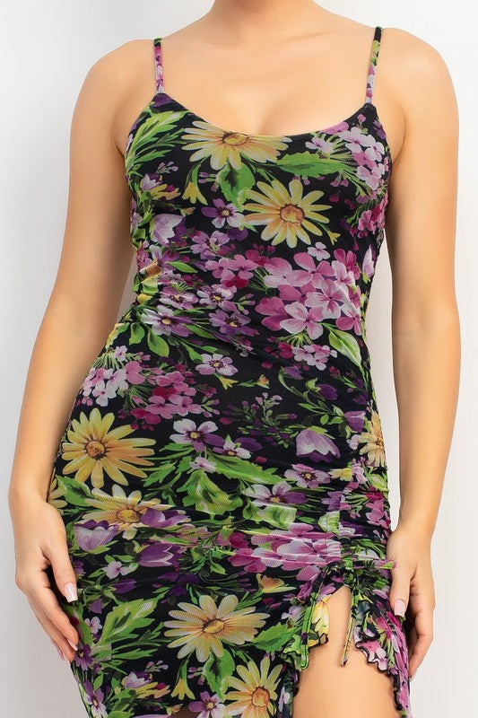 Farah Floral Ruched Ruffled Slit Dress