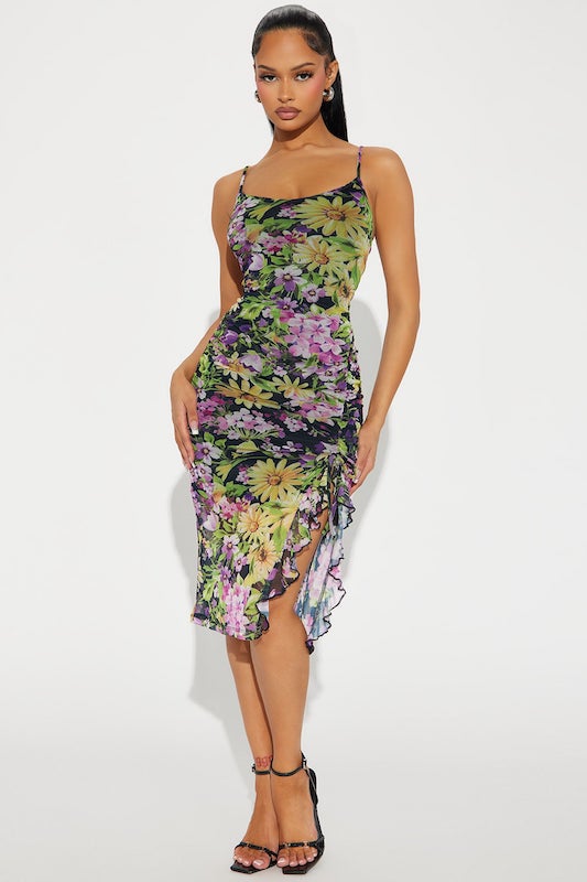 Farah Floral Ruched Ruffled Slit Dress