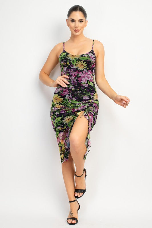 Farah Floral Ruched Ruffled Slit Dress