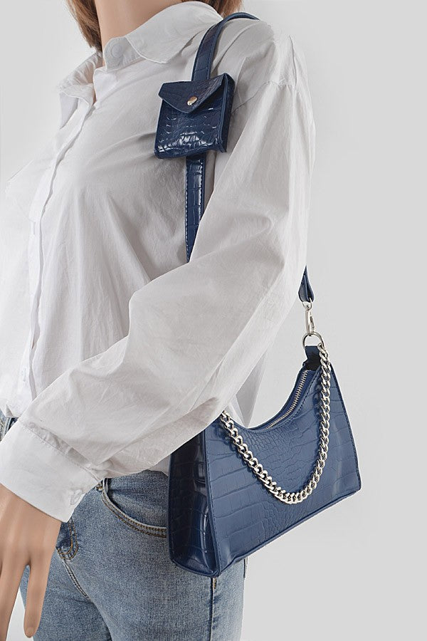 Faux Croc Chain Crossbody Bag with Small Purse