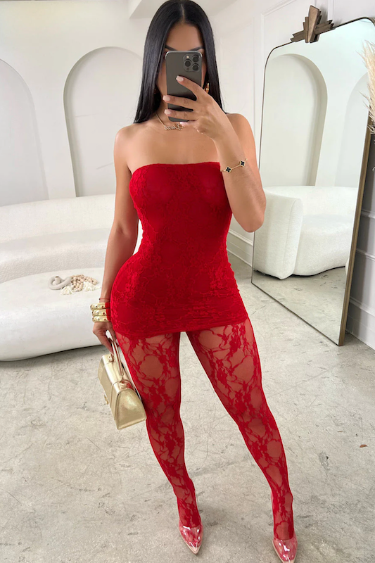 Red Strapless Lace Dress Stockings Set