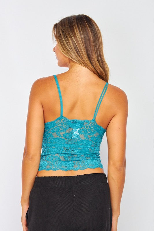 Serena Lace V Neck Tank Top - Caribbean Blue