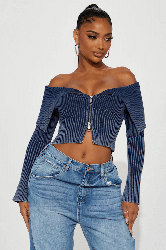 Off shoulder top, mineral wash top, dual zipper top, navy top, sweater top