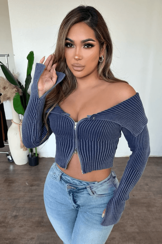 Off shoulder top, mineral wash top, dual zipper top, navy top, sweater top
