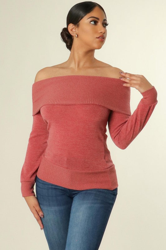 Kellie Blush Fold Off Shoulder Knit Top