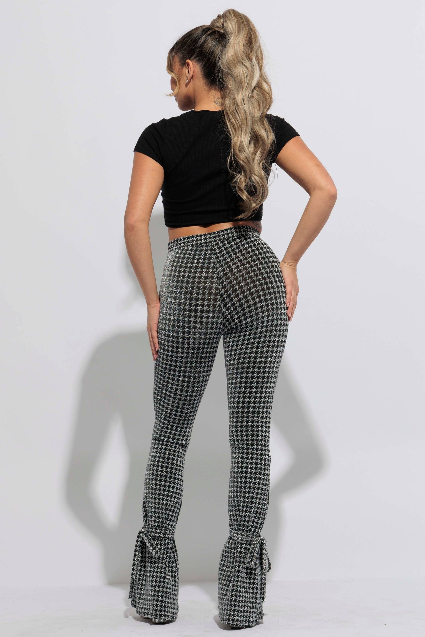 Houndstooth Print Split Hem Pants