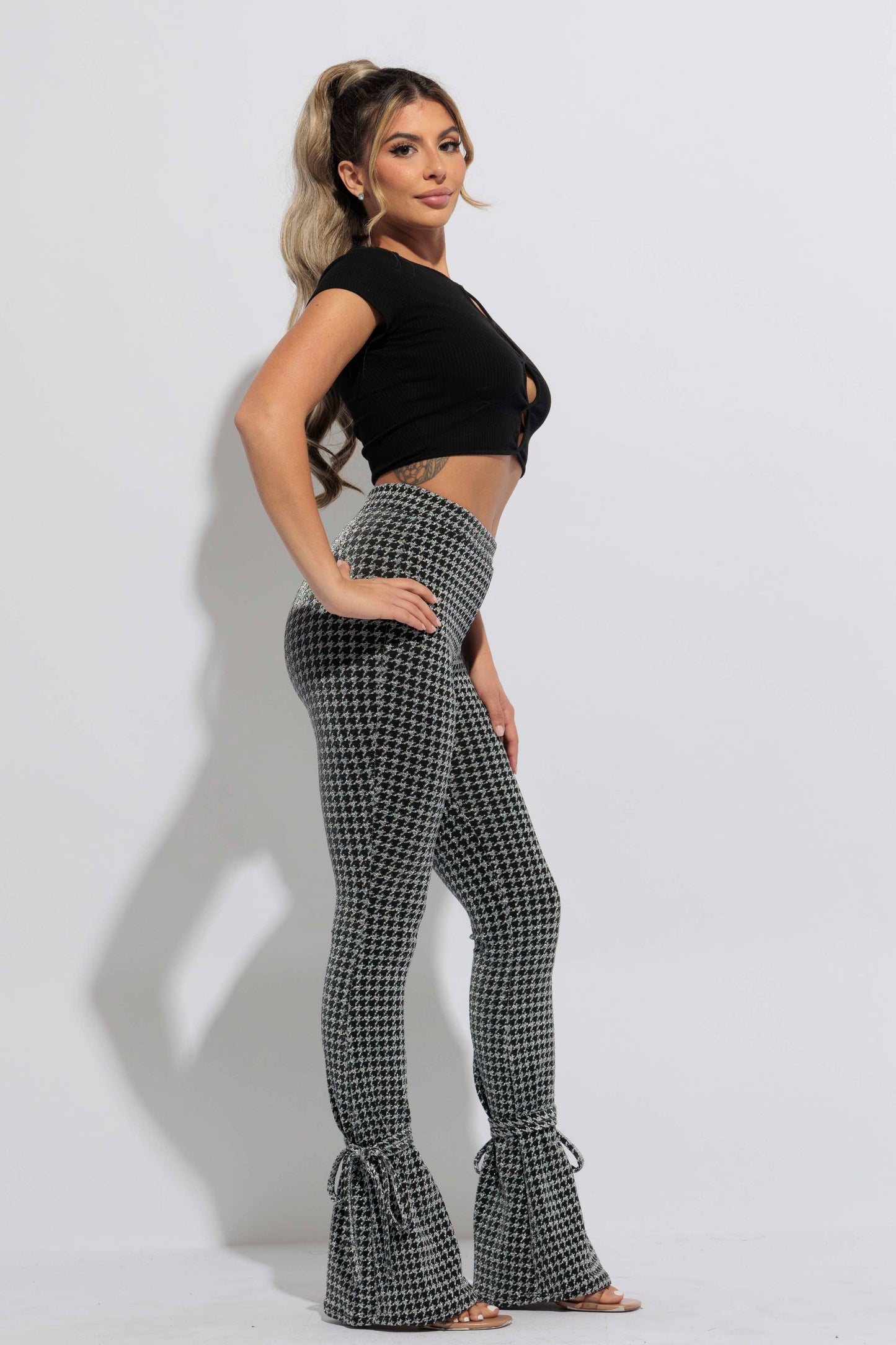 Houndstooth Print Split Hem Pants