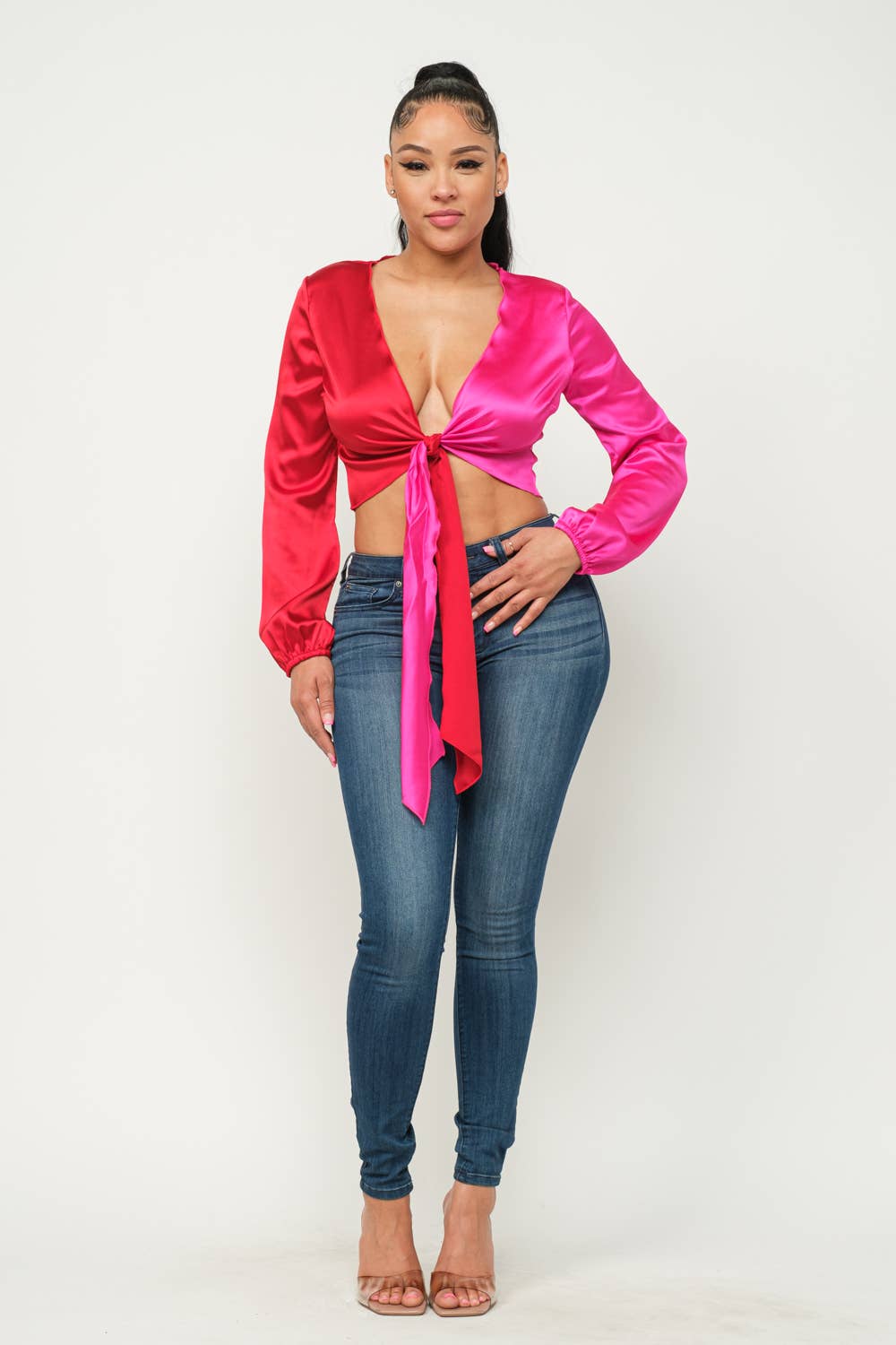 Satin Color Block Tie Detail Crop Top