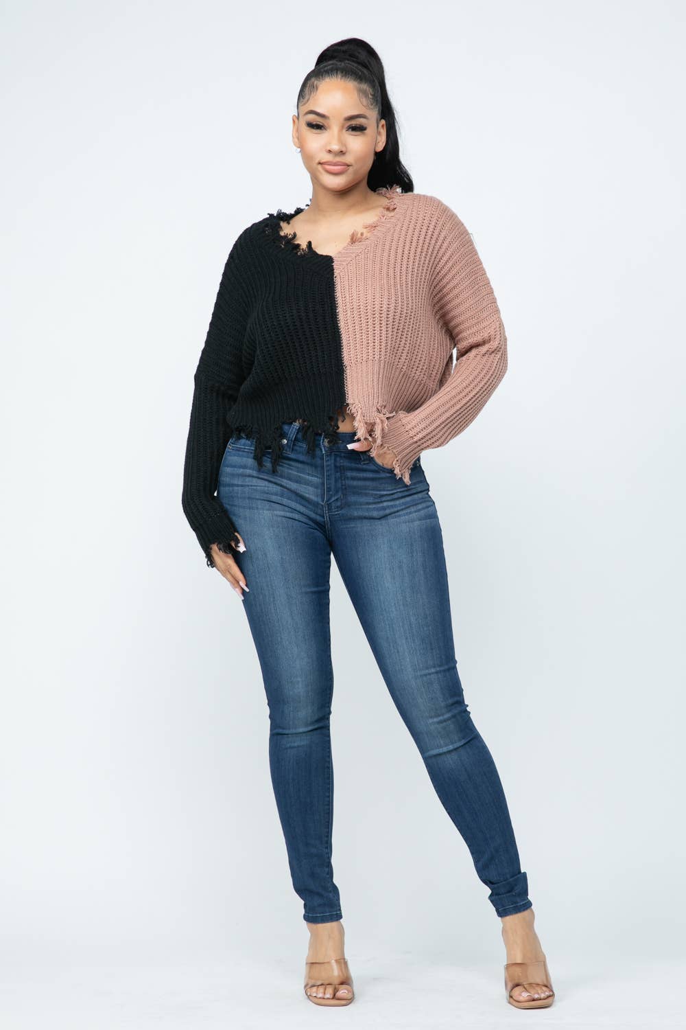 Half And Half Color Block Knit Distressed Sweater
