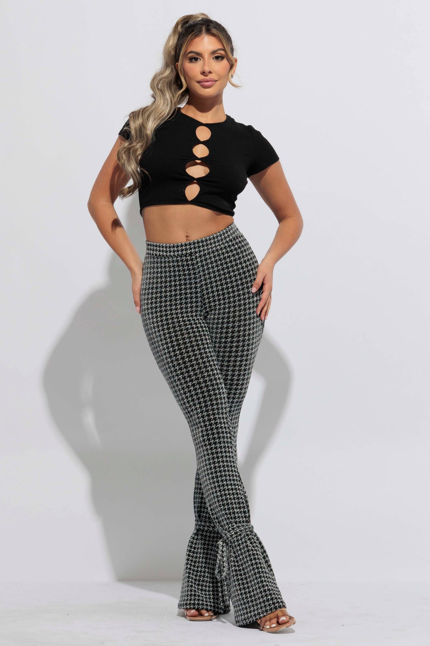 Houndstooth Print Split Hem Pants