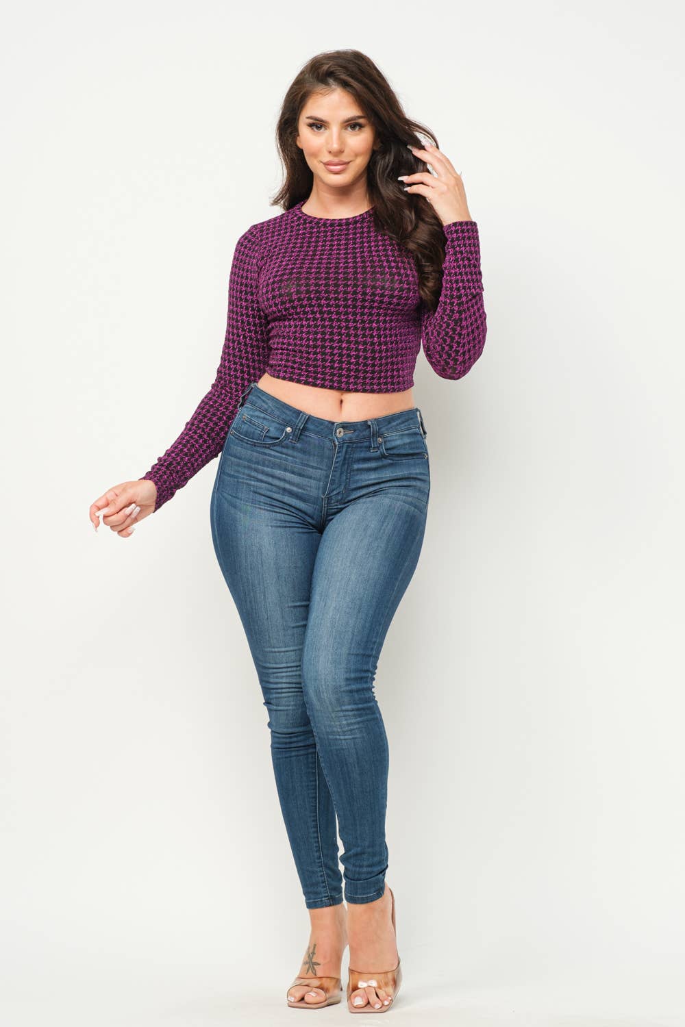 Printed top, Cropped Top, Long Sleeve Crop Top, Fuchsia Top, Fitted Top
