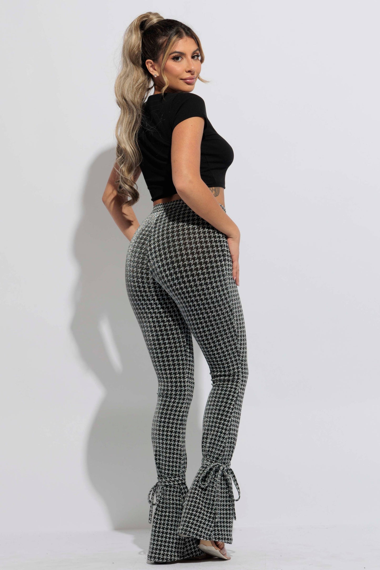 Houndstooth Print Split Hem Pants