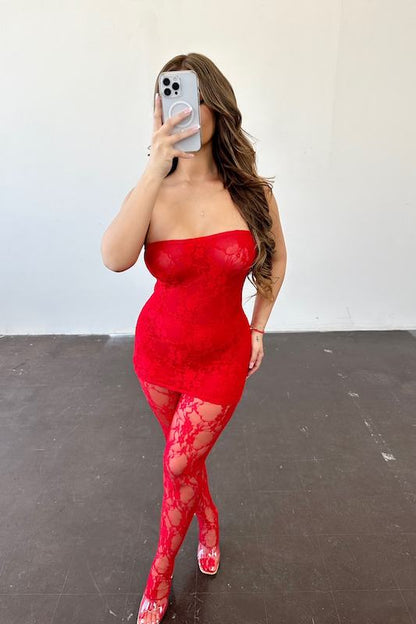 Conjunto de medias de vestido de encaje sin tirantes rojo