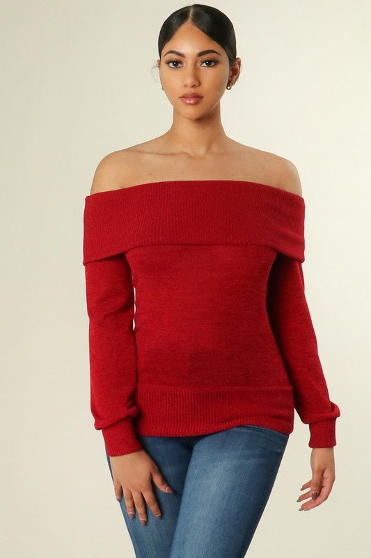 Kellie Red Fold Off Shoulder Knit Top