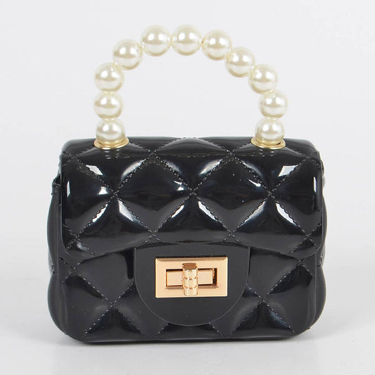 Black Jelly Shiny Mini Bag with Pearl Handle
