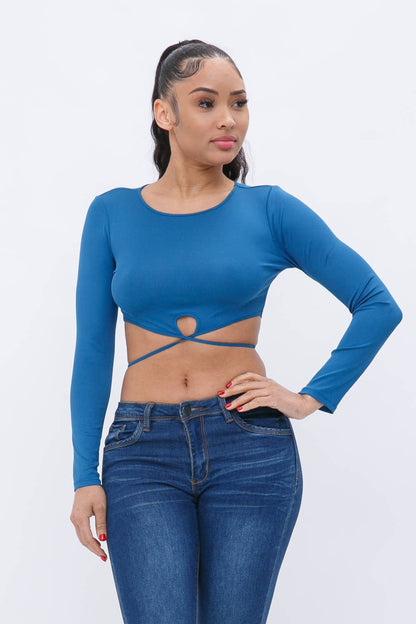 Rib Back Tie Long Sleeve Crop Top