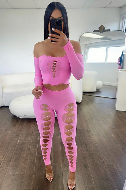 Airy Cutout Rhinestone Pant Set - PINK