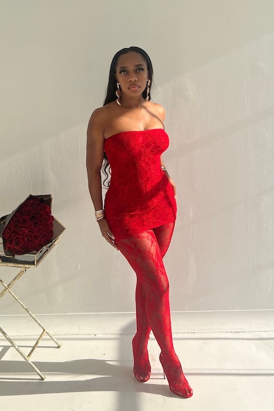 Conjunto de medias de vestido de encaje sin tirantes rojo