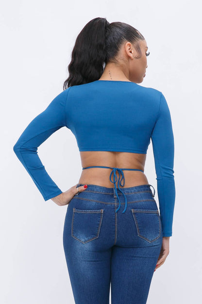 Rib Back Tie Long Sleeve Crop Top