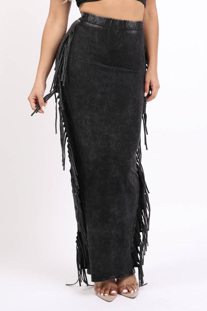 Fashion skirt, Fringe Skirt, Maxi Skirt, Black Skirt, Long Skirt, Mineral Washed