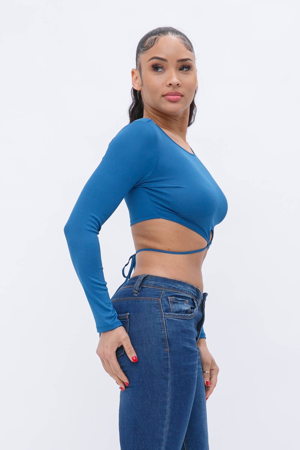 Rib Back Tie Long Sleeve Crop Top