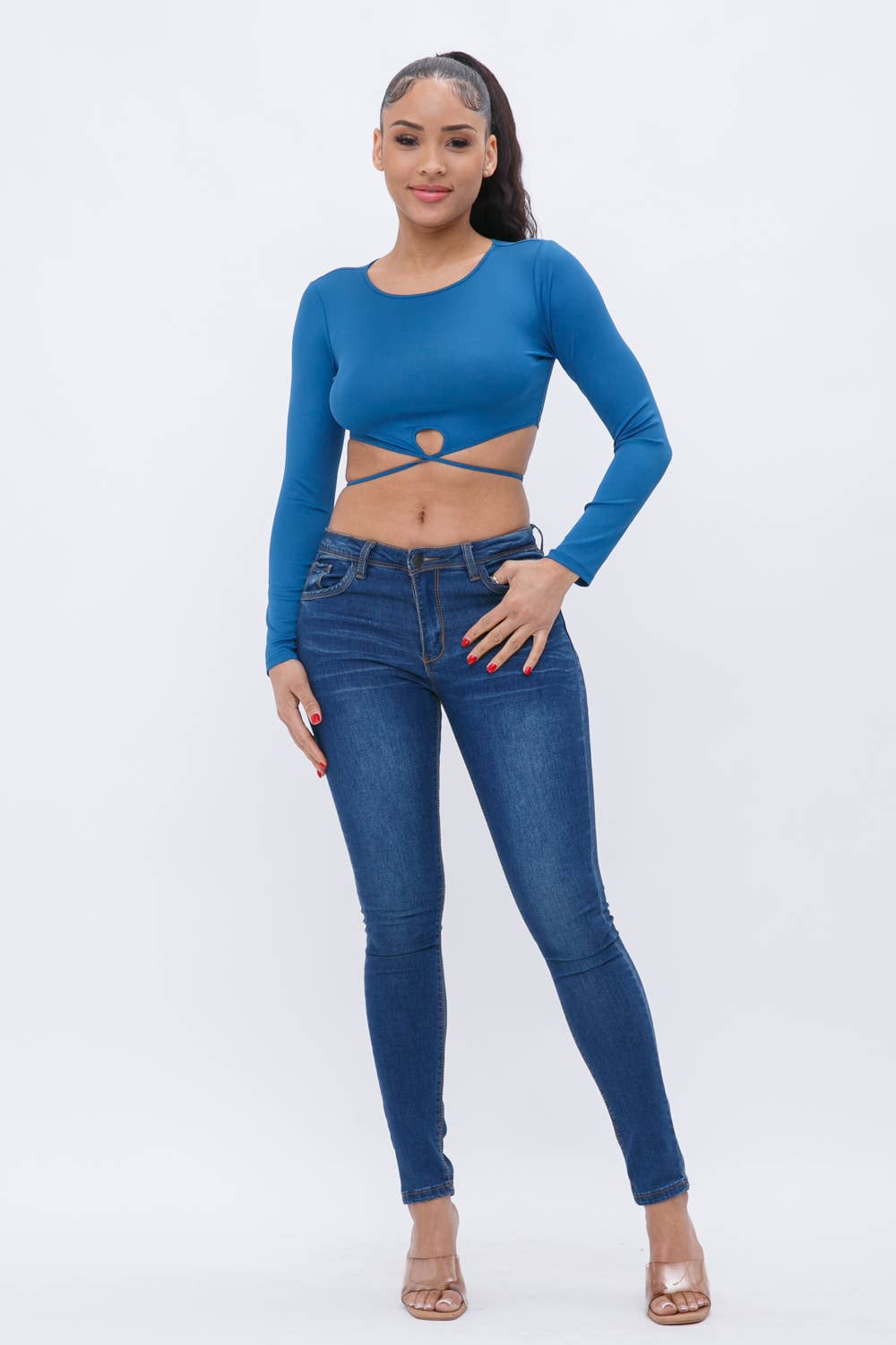 Rib Back Tie Long Sleeve Crop Top